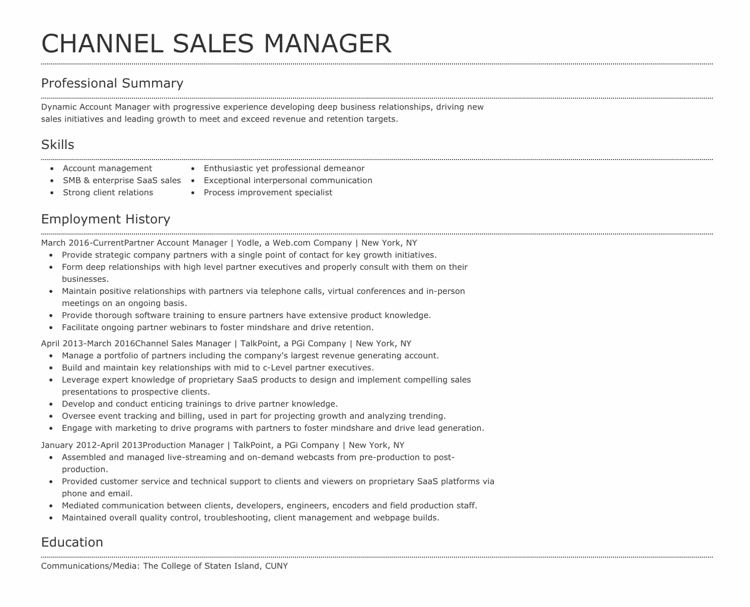 Channel Sales Manager resume example