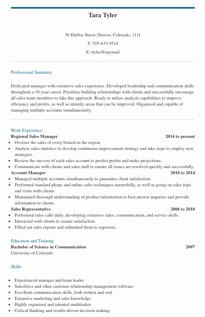regional sales Manager resume example