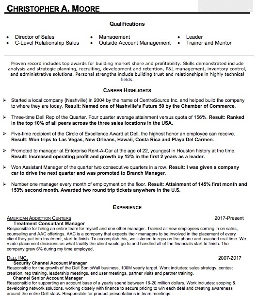 Sales Resume Examples Sales resume example from Christoper A. Moore highlighting strengths and experience.
