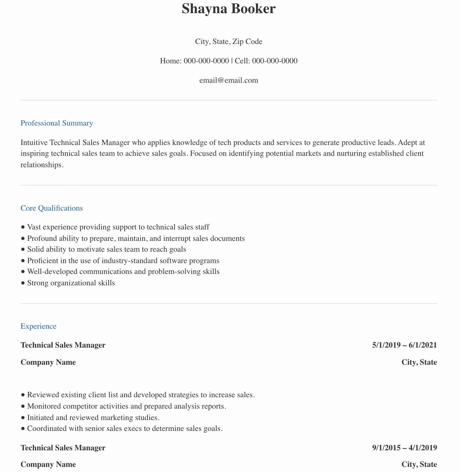 Technical sales manager resume example
