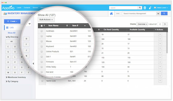 Apptivo real estate CRM with magnifier showing a list of inventory
