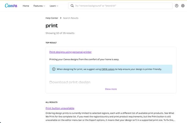 canva's knowledge base search result page