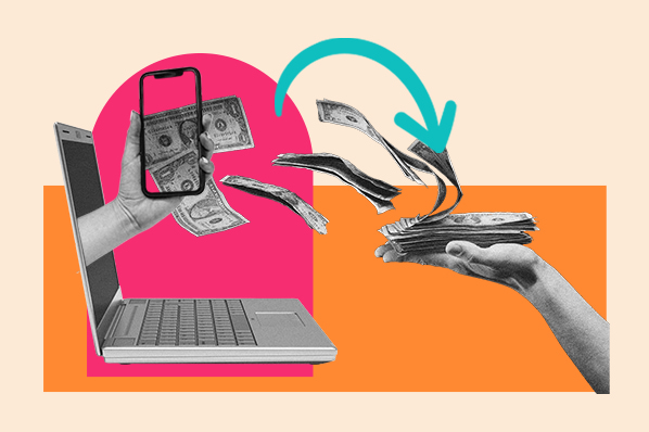 artwork that represents the customer journey with customer holding a phone and business earning money 