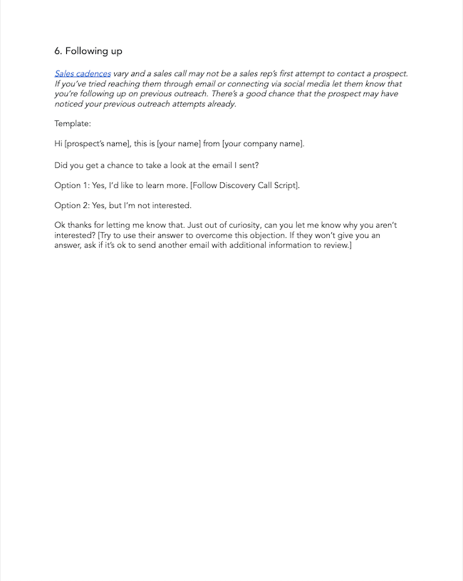 cold call script template example: follow up