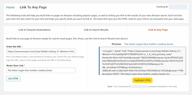 Affiliate link for Amazon example: Link to Any Page tab