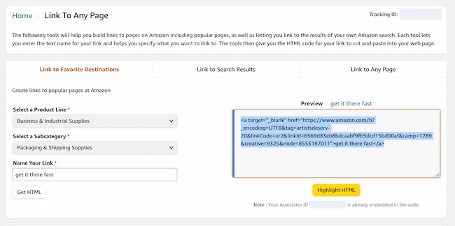 Affiliate link for Amazon example: Link to Favorite Destinations tab