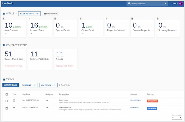 LionDesk real estate CRM in dashboard view with tasks and vital metrics