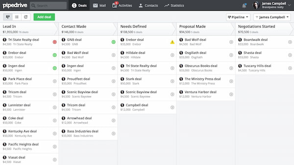 Pipedrive CRM for real estate applications in pipeline view