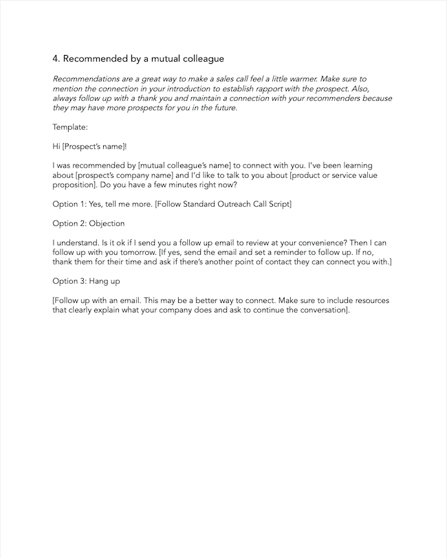 cold call script template example: mutual colleague recommendation