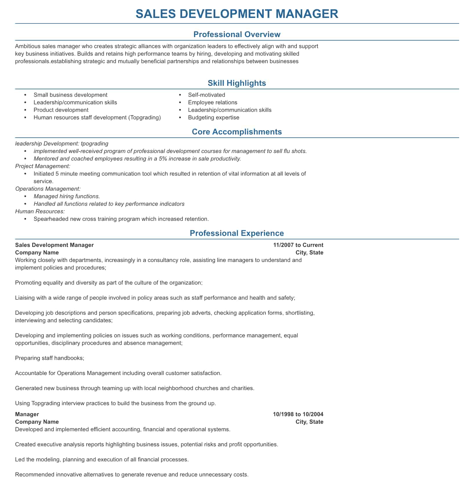 sales development resume example