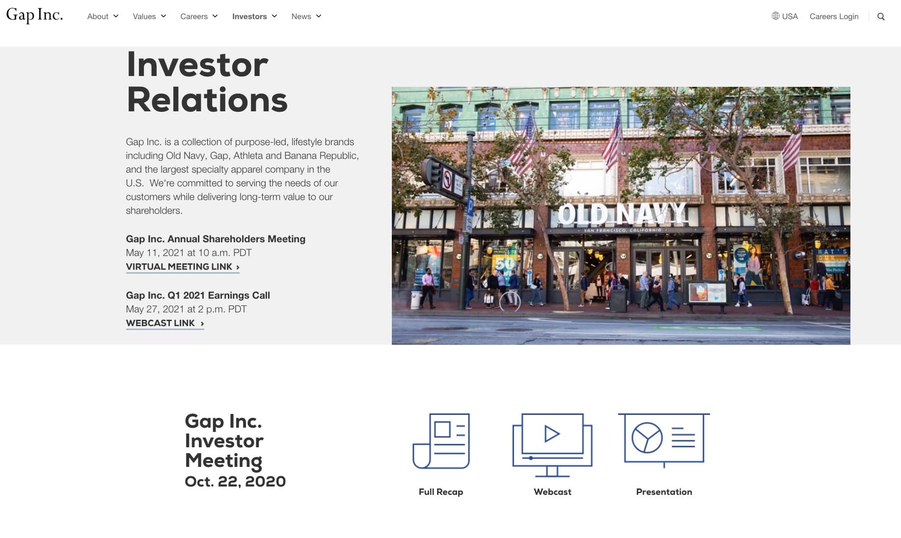 Example sales pitch by retail investor Gap Inc on its website