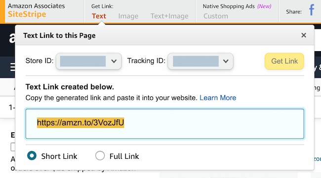 Affiliate link for Amazon example: SiteStripe short link